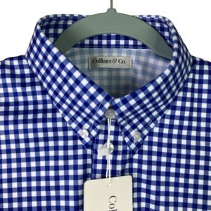 Collars & Co Polo Shirt Mens M Navy Blue Gingham Button Down Dress Collar NWT